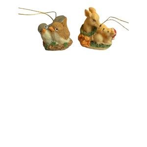Vintage Forest Friends Miniature Resin Ornaments Fawn & Doe and Bird Pair By GAO